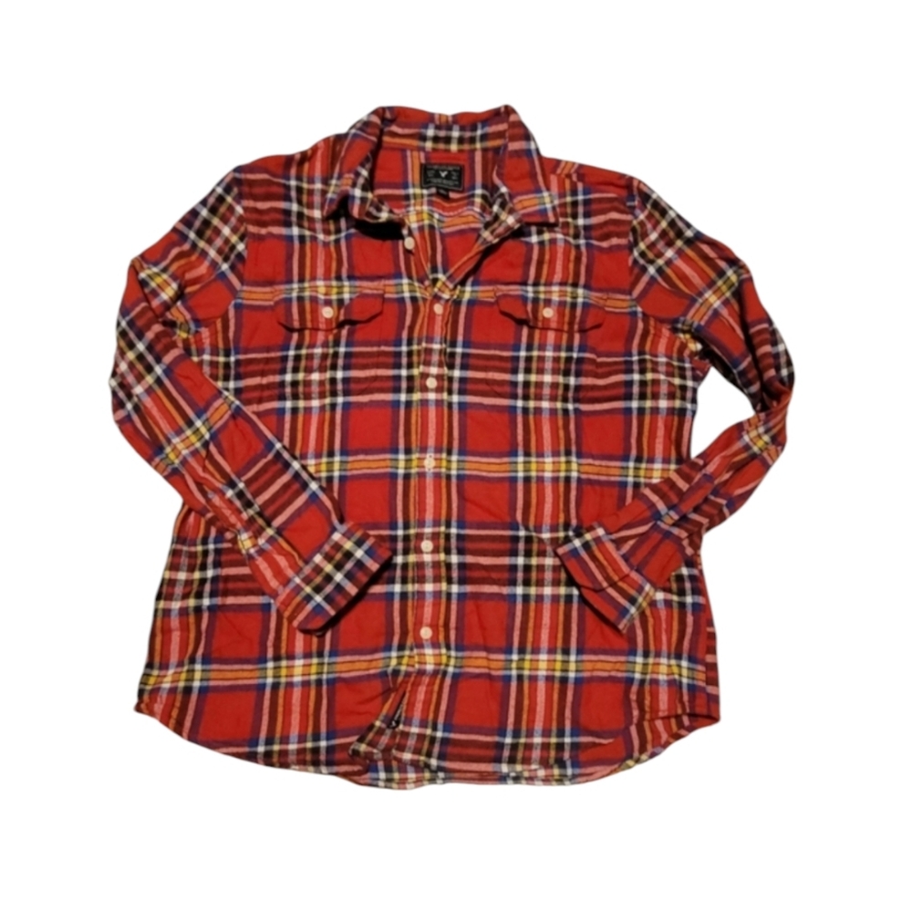 Vintage American Eagle 100% Cotton Red Yellow Plaid Flannel Shirt Size XXL Mens